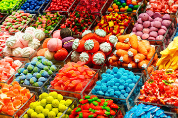 Various bright colors and taste candy assortment at market in Barcelona, Spain, sweets shop