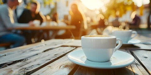Fototapeta premium Blurred outdoor background break during day to chat with friends over coffee. Concept Outdoor Coffee Break, Socializing Outdoors, Blurred Background, Daytime Chats