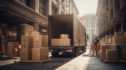 Optimizing Delivery: Boxes Packed and Loaded onto a Large Truck outside the Warehouse
