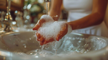 A woman washing hands with liquid soap in a bathroom. Handwashing concept.