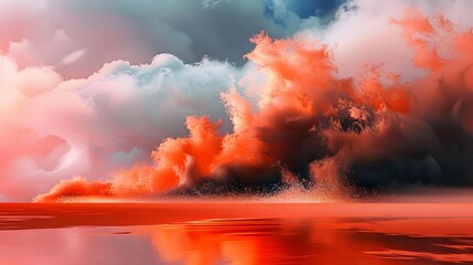 Abstract scene featuring vibrant red and orange clouds reflecting on a calm water surface, creating a surreal and dramatic atmosphere.
