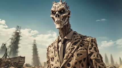 A skeletal figure in a suit surveys a post-apocalyptic landscape