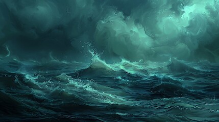 Minimalistic stormy ocean, deep and rich colors, elegant design