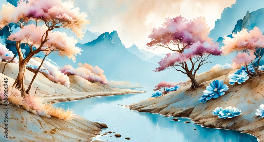 Poster Watercolor painting of a river winding through a mountain valley with pink trees and blue flowers