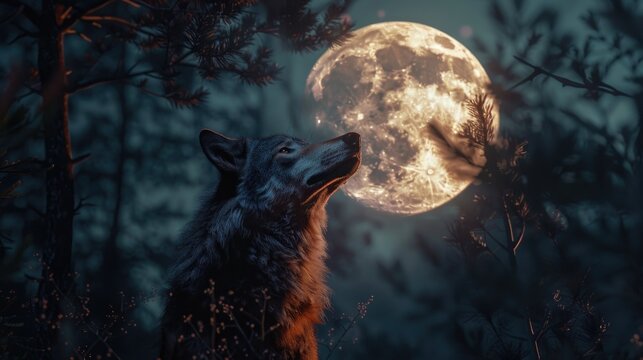 A wolf howls at the full moon in a dense forest