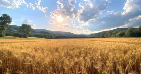 Golden wheat field under the sun with clouds and mountain landscape