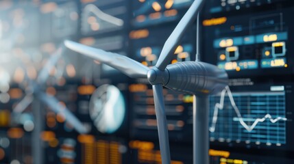 Close-up of a wind turbine with data analytics display in the background, highlighting alternative energy solutions and performance metrics.