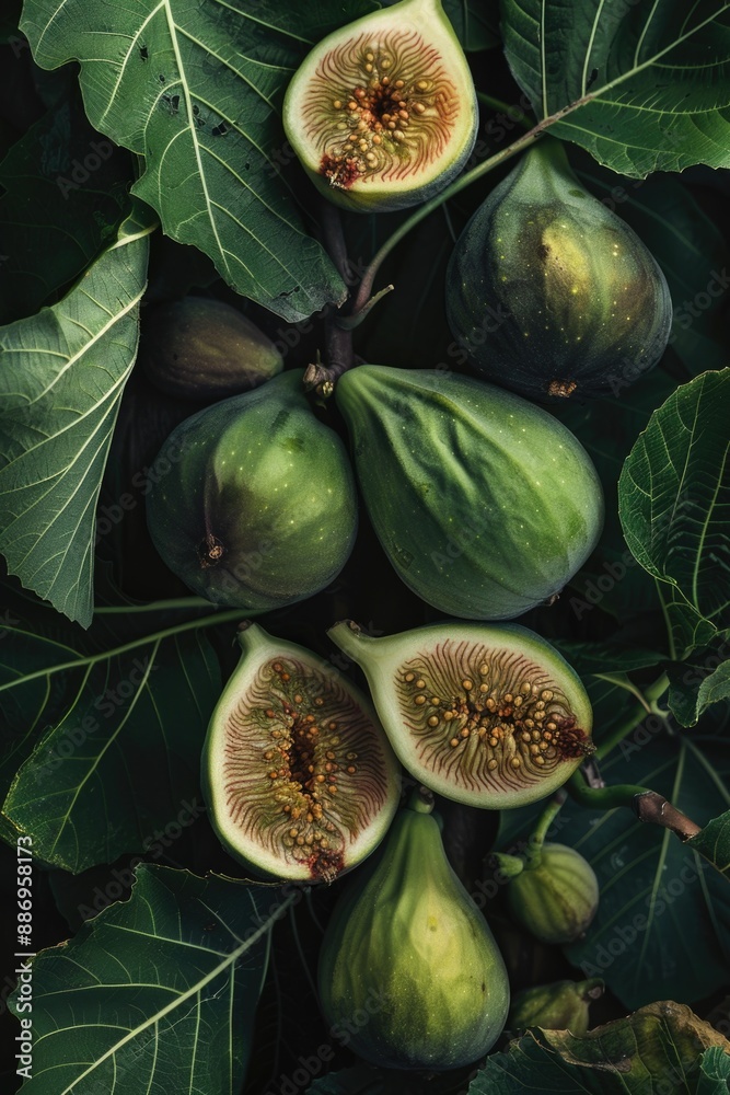 Poster Close-up view of several figs resting on the leafy surface of a tree branch, ideal for use in food or nature-themed illustrations
