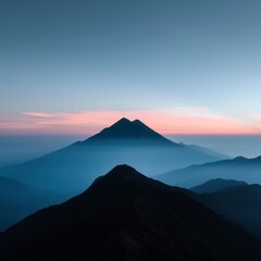 Mountain landscape at sunrise with mist and colorful sky, nature, tranquility