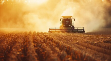 Obraz premium Green harvester harvesting corn in a golden field during sunset