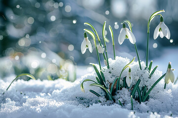 Snowdrops blossoming in a snowy landscape, highlighting the concept of new beginnings and the transition from winter to spring.