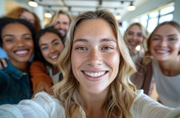 A group of diverse office workers taking a cheerful group selfie in a modern office space