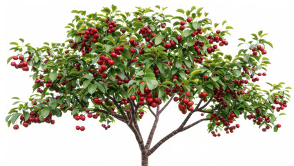 Obraz premium Cherry Tree: A lifelike image of a cherry tree with green leaves and clusters of ripe red cherries, set against a stark white background 