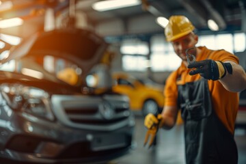 Fototapeta premium process of painting on the car - the painter works with a black paint spray gun, applying it to the door and other car parts. Beautiful simple AI generated image in 4K, unique.