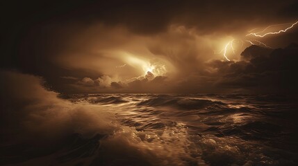 Minimalistic stormy ocean with indigo lightning, smooth waves in a sepia-toned night sky