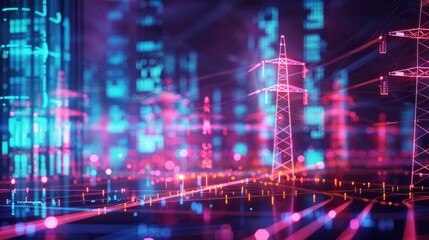 Obraz premium Detailed electricity grid diagrams showcasing cost analytics with vibrant graphics and charts, highlighting energy consumption, efficiency, and financial metrics.