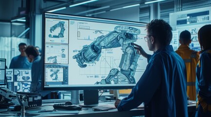 Team of engineers working on futuristic robotic arm design in high-tech office