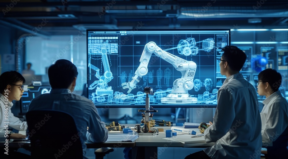 Poster group of engineers collaborating on robotics project in a high-tech office