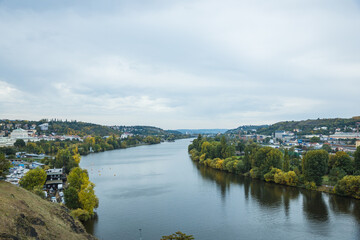 Overlooking the city landscape of Vyšehrad Cemetery Park, Prague, Czech Republic