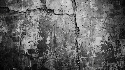 Obraz premium A dark monochrome image of a wall with evident cracks and grunge texture, portraying a moody, worn-out visual suitable for dramatic and artistic projects.