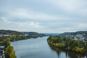 Obraz premium Overlooking the city landscape of Vyšehrad Cemetery Park, Prague, Czech Republic
