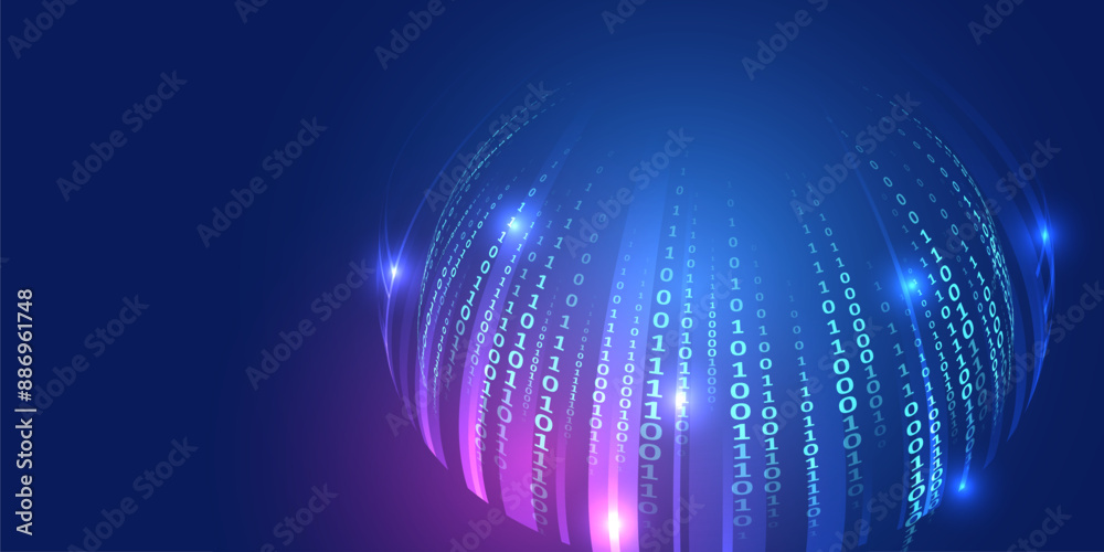 Poster Analytics, sorting, structuring, transferring information. Blue background with data flow. Binary code, artificial intelligence. Program code. Computer background of numbers. Sphere consisting of data