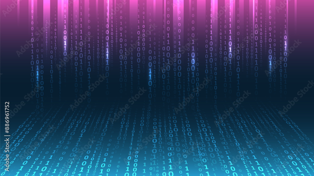 Aufkleber Program code. Computer background of numbers. Flying data illustration. Analytics, sorting, structuring, transferring information. Blue background with data flow. Binary code, artificial intelligence.