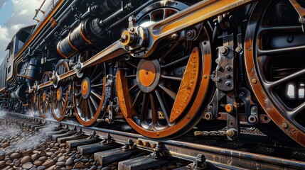 Detailed close-up of a vintage steam locomotive's wheels and mechanical parts on railway tracks, showcasing intricate engineering.
