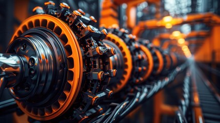 Fototapeta premium Close-up of industrial machinery with gears in a factory setting, highlighting engineering precision and technological advancement.