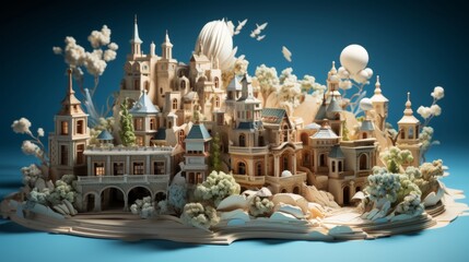 Obraz premium Cityscape emerging from open 3d book with glowing blue sky, floating buildings, and white clouds