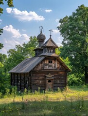 Old wooden church in open field
