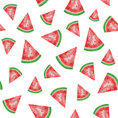 Seamless pattern of watery watermelon triangle slice in watercolor style. Seamless continuous pattern for fabric or paper.