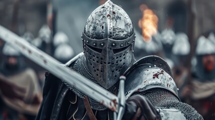 Medieval knight in full armor with sword, leading a charge in battle. Intense and dramatic historical scene capturing the essence of medieval warfare.