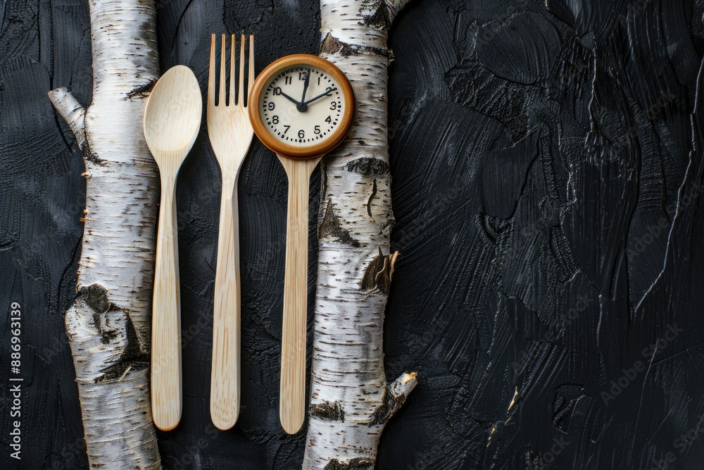 Poster Image of two forks and a clock on a table, possibly used for still life photography or as a prop in a setting
