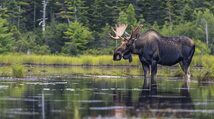 Fototapeta premium A majestic moose stands serene in a tranquil water body with a lush green forest backdrop, capturing the essence of wildlife's harmony with nature in a pristine landscape.