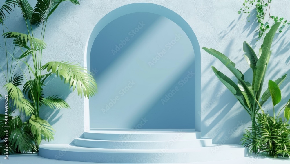 Canvas Prints Blue Minimalist Stage Setting with Lush Greenery