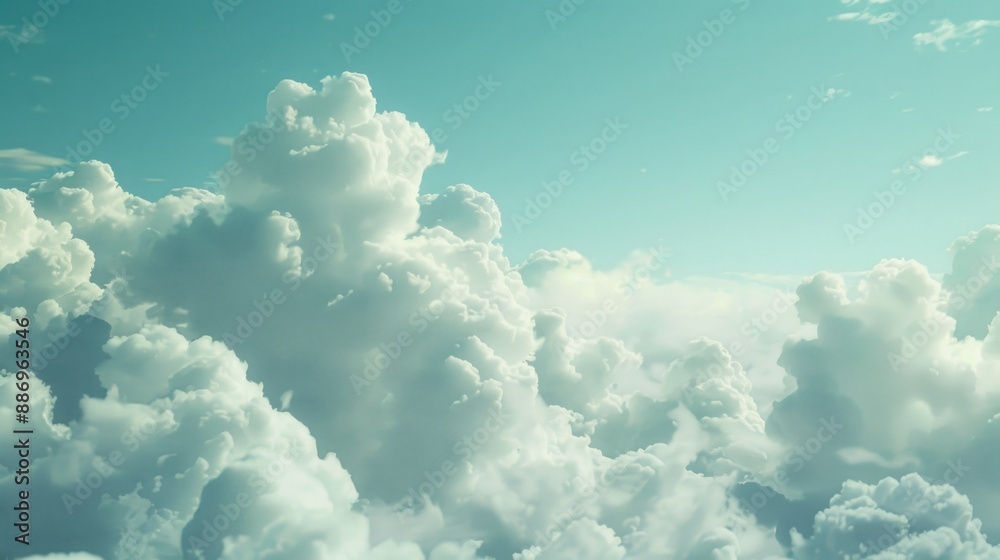 Aufkleber a plane flying through a cloudy sky with soft white clouds and blue horizon