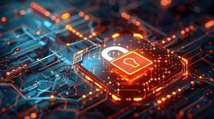 Digital rendering of a neon red lock symbol on an electronic circuit board, representing cybersecurity, technology, and data protection.
