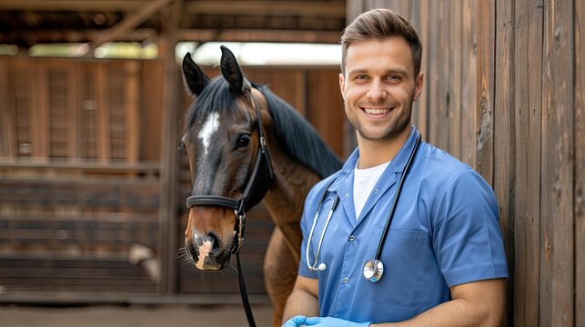 A young veterinarian with a stethoscope around his neck smiles at the camera while standing in a stable with a horse