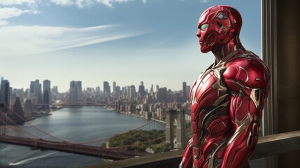 Obraz premium A superhero stands in a high-rise building overlooking New York City