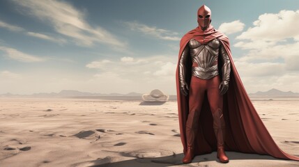 Fototapeta premium Superhero stands in desert, looking towards horizon