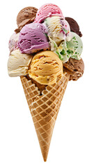 Ice-cream cone, lots of scoops of ice cream on top of waffle cone, isolated, lots of ice cream flavors on sugar cone