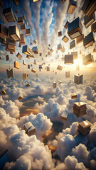 Obraz premium Books float in the air in otherworldly landscape, clouds and sky filled with the words and stories