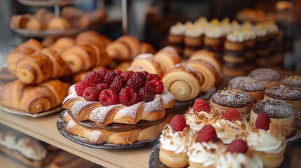 Assorted French pastries various type of sweet cream and berries bread and treats on table at bakery shop or dinning room of hotel, 