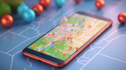 Fototapeta premium Smartphone with map, 3D Map pins, GPS, navigator pin checking points, 3D World Map icon, technology and application mobile smart phone with mobile, delivery tracking, transportation