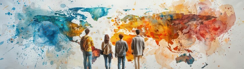 Naklejka premium Abstract watercolor painting of people standing in front of a world map.