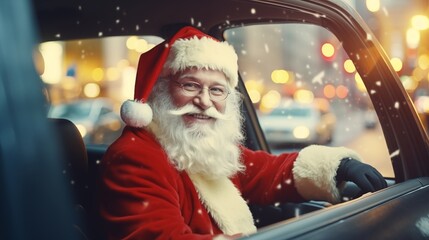 Smiling Santa Claus driving taxi car in the city