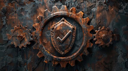Rust programming language concept, featuring a rusty shield with a checkmark and cogwheels, symbolizing security and efficiency in coding.
