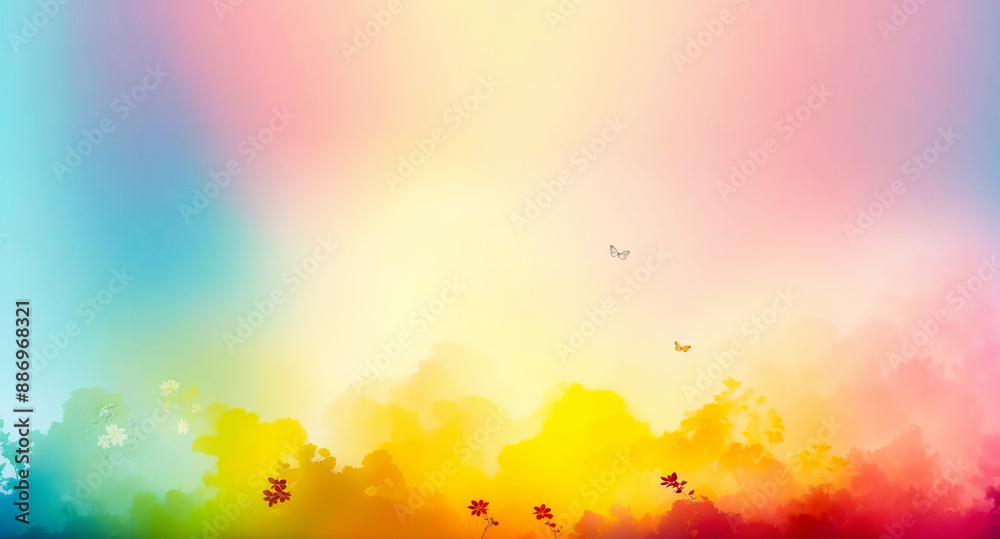 Sticker Colorful Gradient Background with Butterflies and Flowers