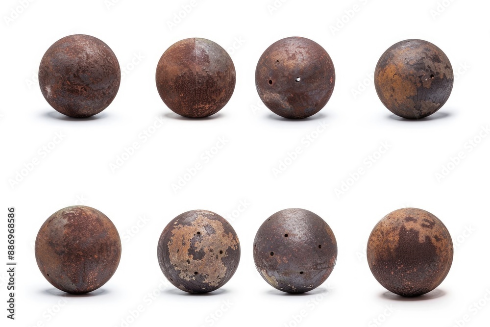 Poster a collection of nine rusty metal balls on a white surface, perfect for use in industrial or mechanic